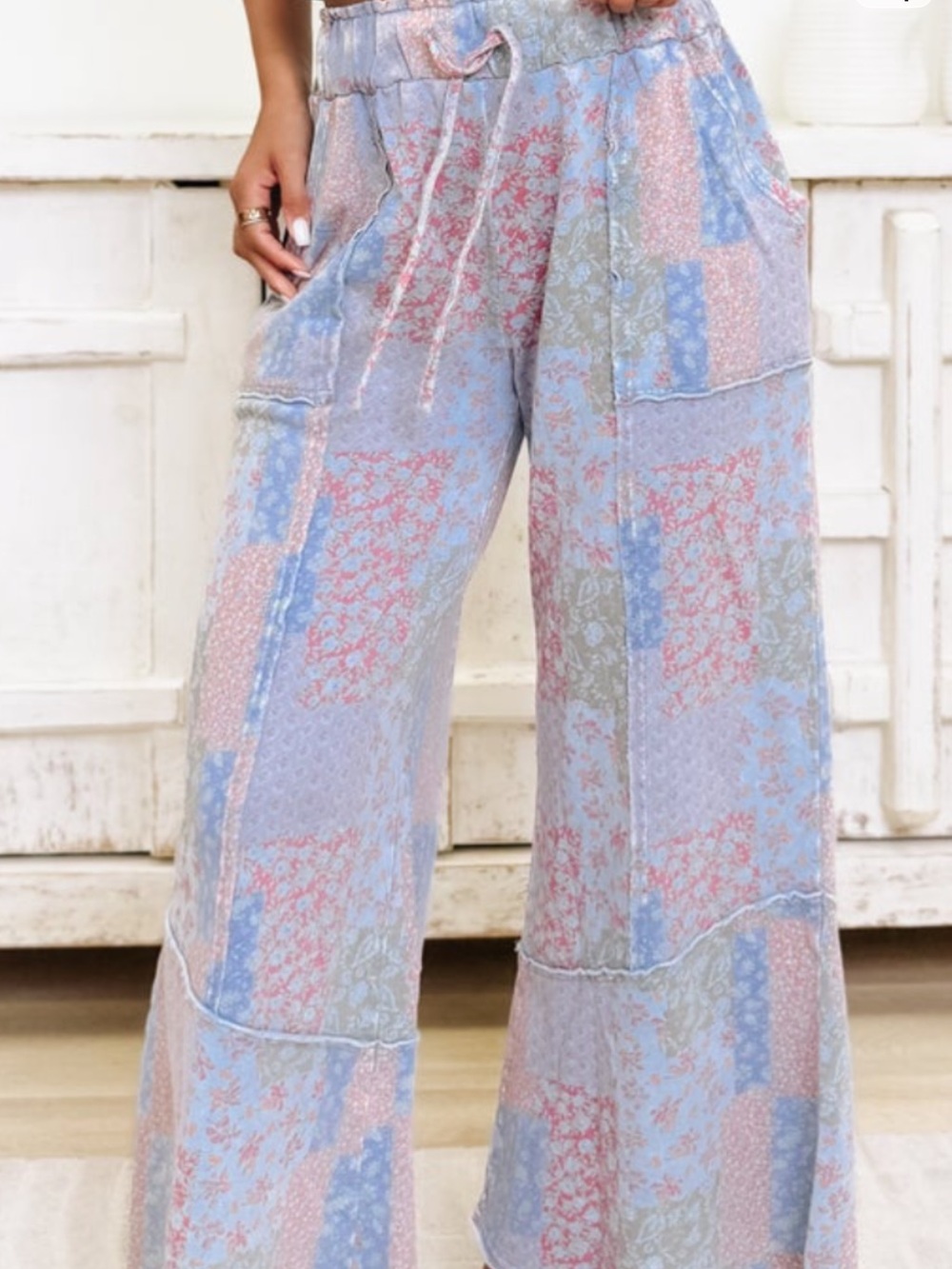 easel Pastel Patchwork Wide-Leg Pants - NWOT